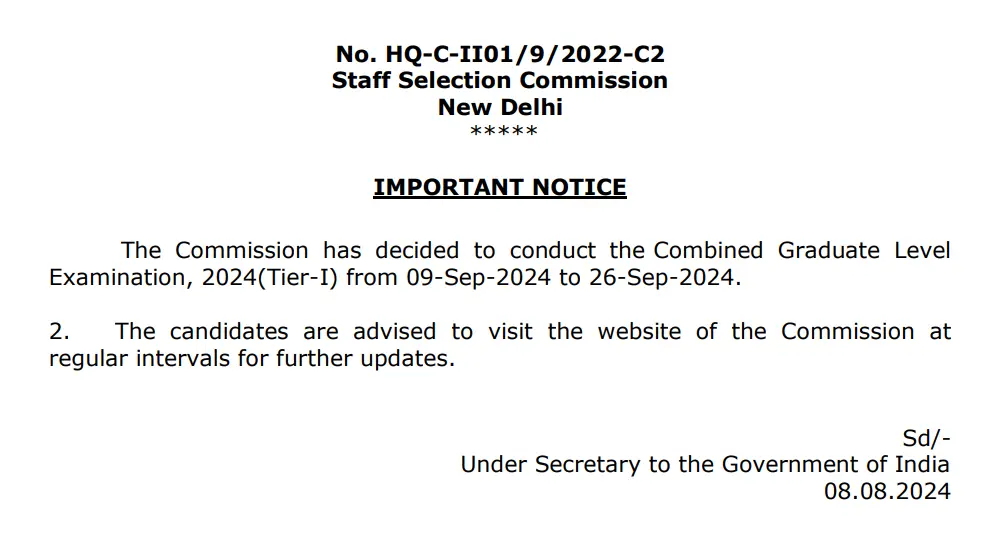 SSC CGL Graduate level Recruitment Exam Date
